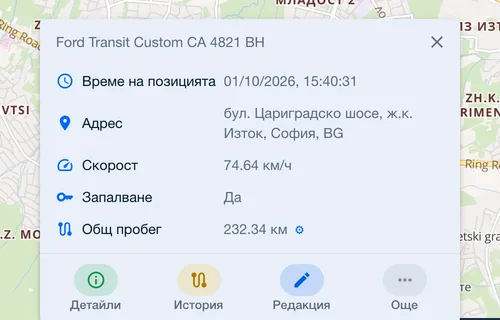Данните на автомобил в движение: час, адрес, скорост, запалване и пробег